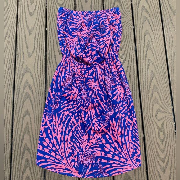 Lilly Pulitzer size 2/4 rolling in the grass blue pink strapless zebra dress - Picture 1 of 12